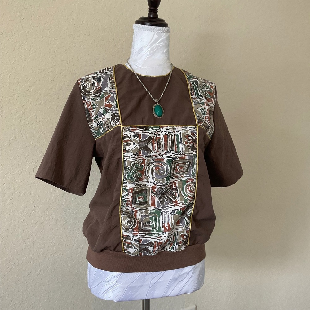 Vintage 80s Teddi Windbreaker Blouse M Brown Abstract Colorblock Retro Neutral